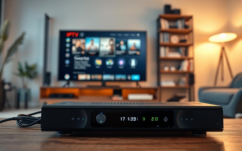 A close-up view of a modern television setup in a cozy living room, emphasizing the connection for IPTV. In the foreground, a sleek, black digital receiver glows softly, with cables neatly arranged behind it. The middle layer shows a large flat-screen TV displaying an elegant interface of streaming options, illuminated by gentle, ambient lighting, adding a warm touch to the scene. The background features a stylish bookshelf filled with tech gadgets and books, softly blurred to keep the focus on the IPTV setup. The atmosphere is inviting and technologically advanced, showcasing a perfect blend of comfort and modernity, captured with a slight depth of field effect. The lighting is warm and relaxed, enhancing the sense of a cozy home environment.