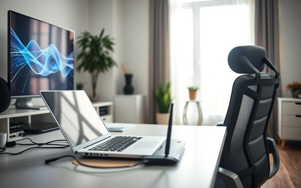 A modern home office setting with a sleek computer setup, featuring a large monitor displaying a vibrant digital representation of internet connectivity, such as waves or lines symbolizing data flow. In the foreground, a stylish desk cluttered with a high-quality laptop, wireless router, and Ethernet cables, showcasing the essential equipment for activating IPTV. The middle ground includes a comfortable ergonomic chair positioned towards the desk, alongside minimalistic decorative elements like a potted plant. The background is softly lit with natural sunlight filtering through a window, creating a warm and inviting atmosphere. Use a soft focus effect to enhance depth, capturing a professional ambiance ideal for technology discussions.