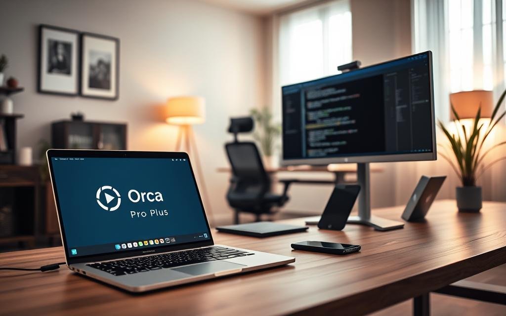 A modern home office setup showcasing the seamless compatibility of various devices and technology, emphasizing a clean and organized workspace. In the foreground, a sleek laptop with an open interface displaying the "Orca Pro Plus" software is prominently featured. To the side, a high-resolution monitor mirrors the laptop's display, demonstrating multi-screen functionality. In the middle ground, an ergonomic chair and desk complement the tech setup, while a tablet and smartphone sit nearby, alluding to connectivity. Soft, ambient lighting casts a warm glow on the scene, enhancing a sense of productivity. The background features neutral-toned walls adorned with minimalistic art and indoor plants, creating an inviting atmosphere for a smooth and secure installation experience. The angle should provide a slightly elevated view, allowing the viewer to appreciate the harmony of devices in action. A modern home office setup showcasing the seamless compatibility of various devices and technology, emphasizing a clean and organized workspace. In the foreground, a sleek laptop with an open interface displaying the "Orca Pro Plus" software is prominently featured. To the side, a high-resolution monitor mirrors the laptop's display, demonstrating multi-screen functionality. In the middle ground, an ergonomic chair and desk complement the tech setup, while a tablet and smartphone sit nearby, alluding to connectivity. Soft, ambient lighting casts a warm glow on the scene, enhancing a sense of productivity. The background features neutral-toned walls adorned with minimalistic art and indoor plants, creating an inviting atmosphere for a smooth and secure installation experience. The angle should provide a slightly elevated view, allowing the viewer to appreciate the harmony of devices in action.