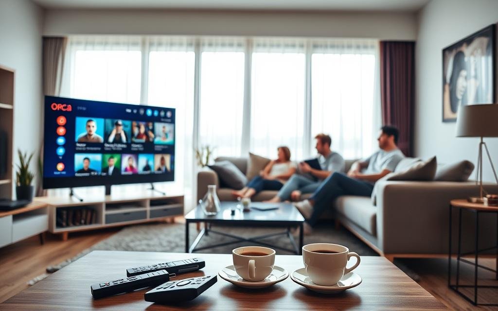 A modern living room showcasing a Smart TV displaying the Orca IPTV interface with vibrant streaming channels. In the foreground, a stylish coffee table cluttered with remote controls and a steaming cup of coffee. The middle ground features a cozy sofa with a family sitting casually and engaging with the TV, dressed in comfortable, casual attire. The background reveals a large window with natural sunlight filtering through sheer curtains, illuminating the space. The atmosphere is inviting and relaxed, emphasizing the convenience and enjoyment of IPTV services. The room decor is contemporary, with soft colors and minimalistic furniture, creating a serene and tech-friendly environment.