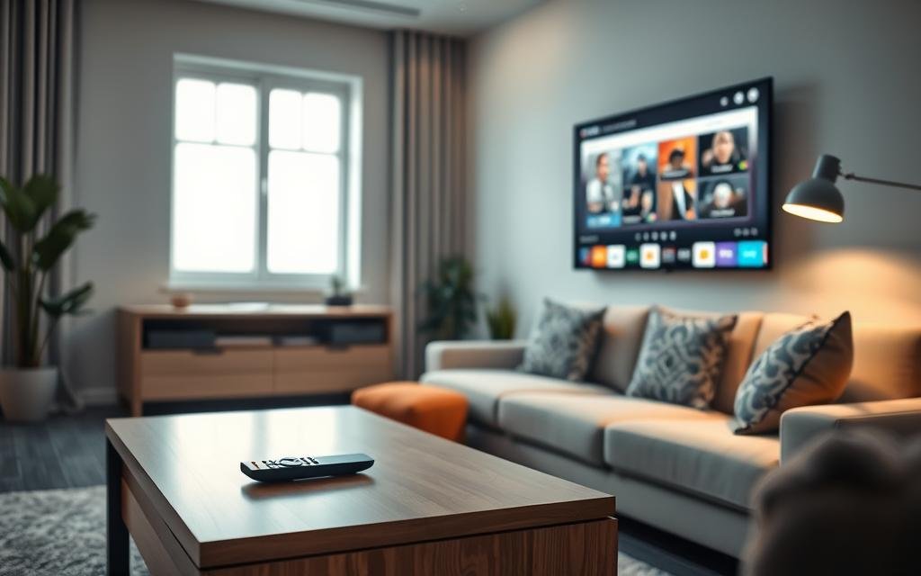 A serene home office scene highlighting a Smart TV mounted on a stylish wall, displaying a user-friendly interface for an IPTV service. In the foreground, a sleek, modern coffee table with a remote control casually placed on it. The middle ground features a comfortable sofa, adorned with decorative cushions, inviting a cozy atmosphere. A small potted plant adds a touch of greenery next to the TV. In the background, soft ambient lighting creates a warm and welcoming environment, with a window allowing natural light to filter in. The focus is on the connection to the internet, depicted through subtle visual elements like Wi-Fi symbols or signal strength indicators on the TV screen. The overall mood is one of modernity and convenience, perfect for setting up an IPTV system in a home.