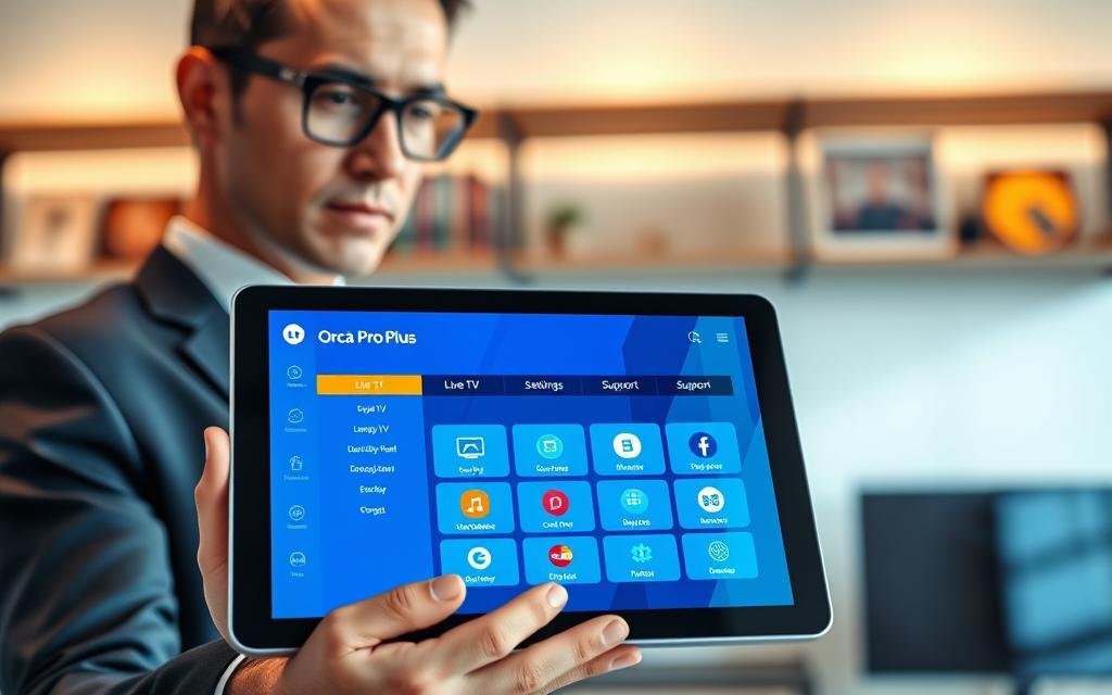 A sleek, modern interface of the "Orca Pro Plus" application displayed on a high-resolution tablet screen, showcasing vibrant colors and intuitive navigation. The foreground features the tablet held by a professional, dressed in smart business attire, looking intently at the screen. In the middle, the application interface includes clearly labeled functions like live TV, settings, and support, designed with a user-friendly layout. The background consists of a contemporary office setting with soft lighting that creates a warm, inviting atmosphere, and a blurred view of shelves with technology books. The overall mood conveys a sense of innovation and reliability, emphasizing the application’s compatibility with Orca IPTV. The image is shot in a slightly angled perspective to enhance depth and focus.