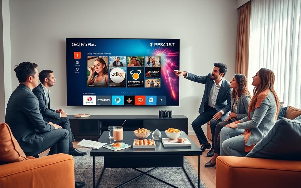 A sleek modern living room setting, featuring a large, high-definition television displaying the Orca Pro Plus interface. In the foreground, a diverse group of three professionals in business attire are engaged in an animated discussion, pointing at the screen with expressions of excitement and curiosity. In the middle ground, a stylish coffee table is adorned with snacks and drinks, enhancing the social atmosphere. The background showcases a bright, inviting window with natural light streaming in, casting soft shadows that create depth. The overall mood is vibrant and optimistic, hinting at the enhanced IPTV experience. Capture this scene using a wide-angle lens to emphasize the dynamic interaction and comfortable setting, with warm lighting to evoke a friendly and engaging atmosphere.