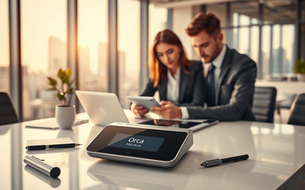 A sleek, modern workspace showcasing the "Orca Pro Plus" device prominently in the foreground, its sleek design and advanced features highlighted. The device is surrounded by a few well-organized tech accessories, such as stylus pens and charging cables. In the middle ground, a person in professional business attire is engaging with the device, illustrating its use in a practical setting, with a focused expression. The background features a stylish office environment bathed in natural light, with large windows showing a cityscape. The lighting is soft and warm, creating an inviting atmosphere. The image captures a sense of innovation and productivity, ideal for showcasing the capabilities of the Orca Pro Plus. A sleek, modern workspace showcasing the "Orca Pro Plus" device prominently in the foreground, its sleek design and advanced features highlighted. The device is surrounded by a few well-organized tech accessories, such as stylus pens and charging cables. In the middle ground, a person in professional business attire is engaging with the device, illustrating its use in a practical setting, with a focused expression. The background features a stylish office environment bathed in natural light, with large windows showing a cityscape. The lighting is soft and warm, creating an inviting atmosphere. The image captures a sense of innovation and productivity, ideal for showcasing the capabilities of the Orca Pro Plus.